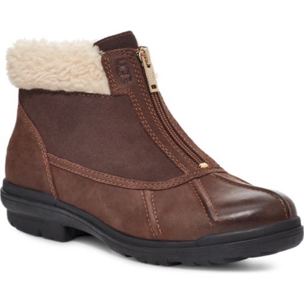 $160 NEW UGG Hapsburg Waterproof Duck brown leather bootie shearling ankle boot